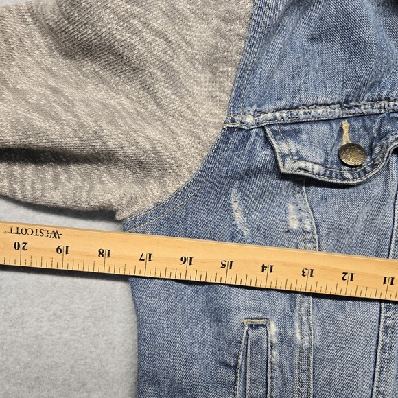 Free People Jacket Womens Small Blue Gray Denim Fleece Hoodie Distressed‎ Casual - Picture 12 of 16